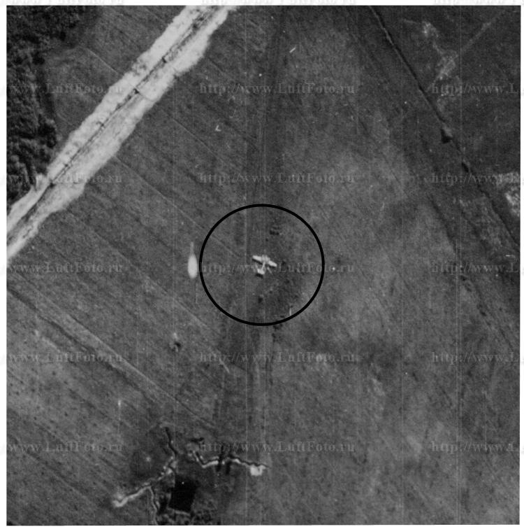 Two engines airplane wreckage place, German Luftwaffe Aerial Reconnaissance Photograph, scale ~1:10000-1:8000